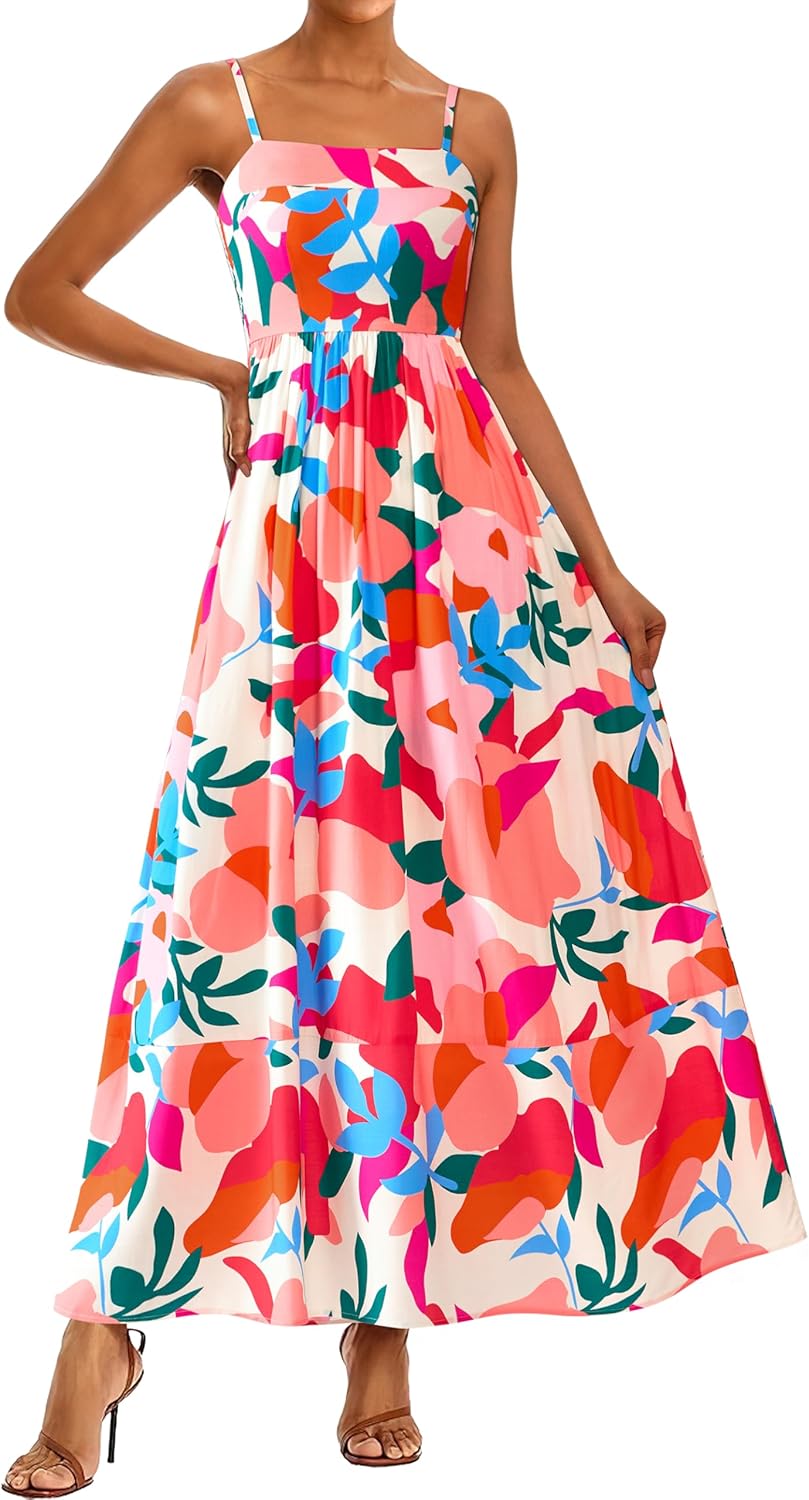 Women Summer Maxi Dresses 2026 Spaghetti Strap Boho Floral Striped Wedding Guest Beach Vacation Flowy Long Dress - mildlymama