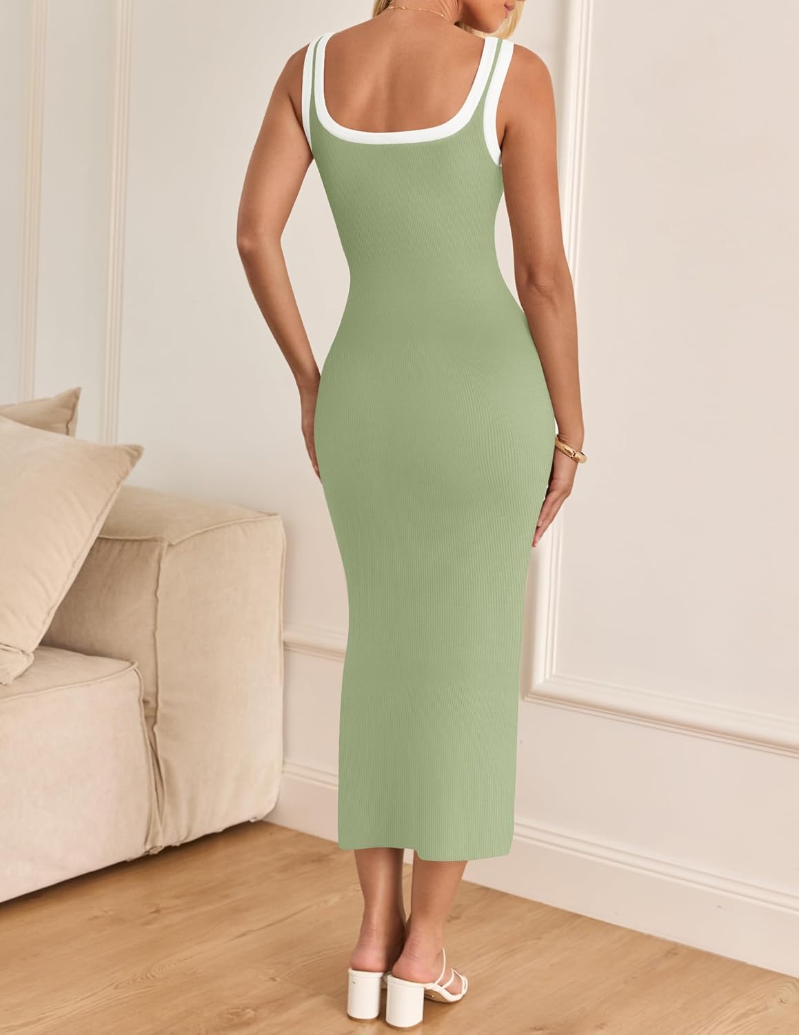 Women'S 2026 Summer Bodycon Midi Dress Casual Sleeveless Square Neck Side Slit Knit Beach Vacation Long Dresses - mildlymama