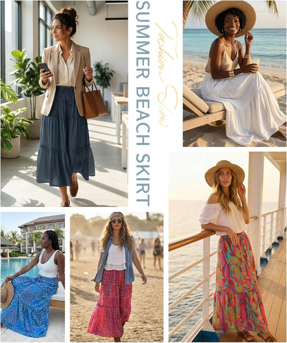 Womens Boho Maxi Skirt 2026 Summer Cruise Casual High Waist Tie Flowy Long Skirt with Pockets for Beach Vacation - mildlymama