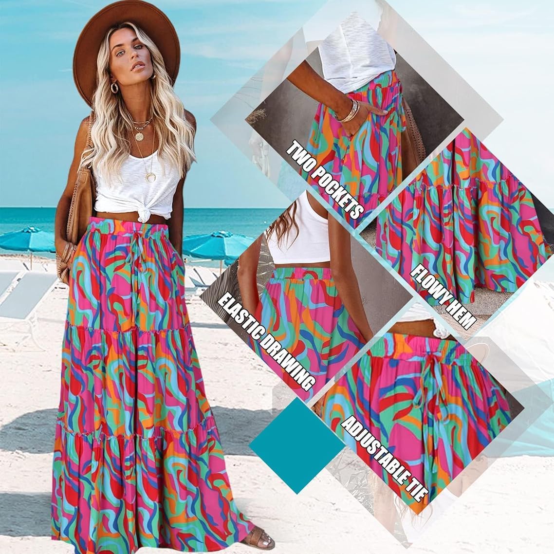 Womens Boho Maxi Skirt 2026 Summer Cruise Casual High Waist Tie Flowy Long Skirt with Pockets for Beach Vacation - mildlymama