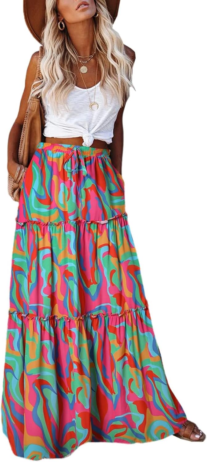Womens Boho Maxi Skirt 2026 Summer Cruise Casual High Waist Tie Flowy Long Skirt with Pockets for Beach Vacation - mildlymama