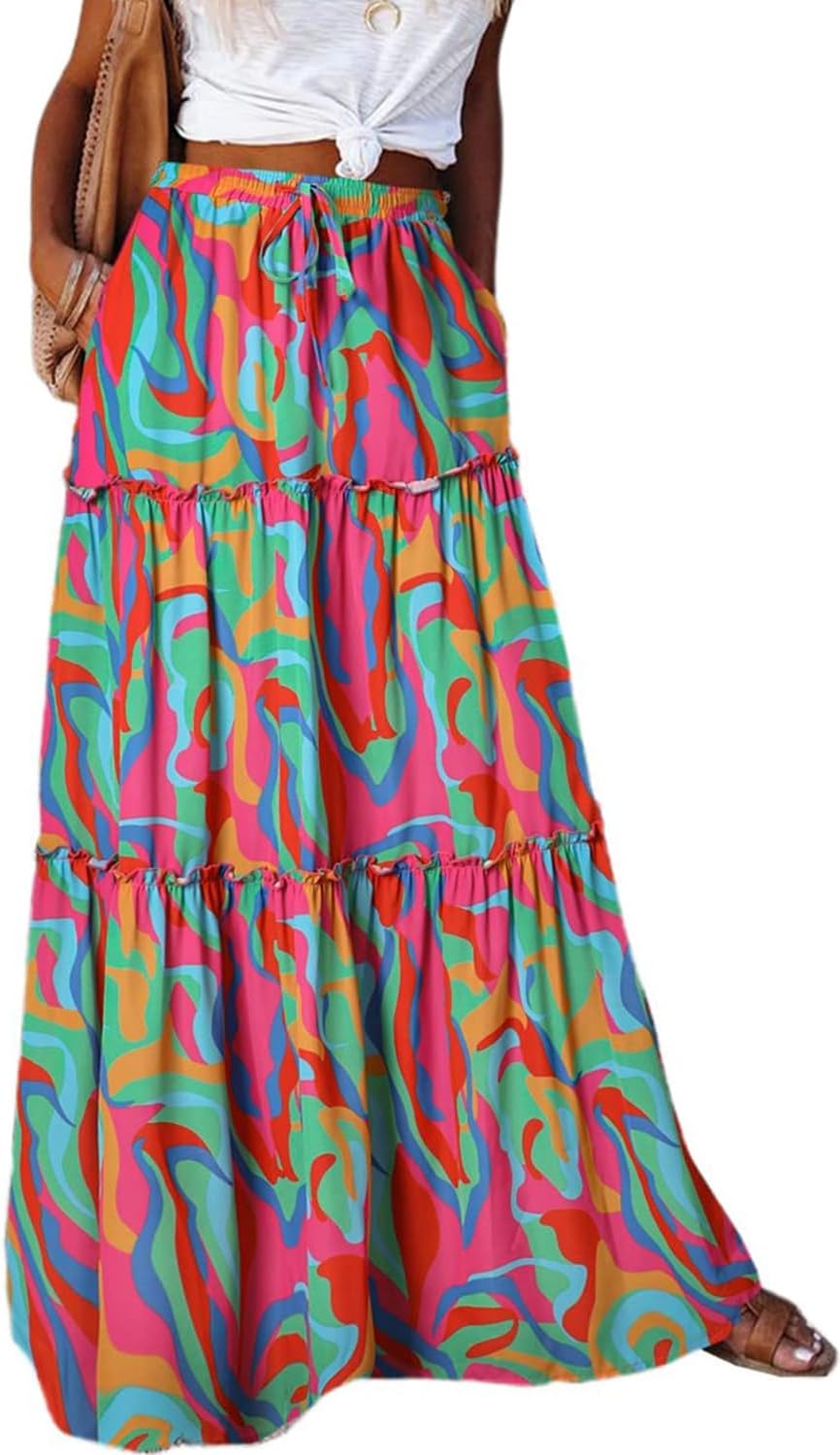 Womens Boho Maxi Skirt 2026 Summer Cruise Casual High Waist Tie Flowy Long Skirt with Pockets for Beach Vacation - mildlymama