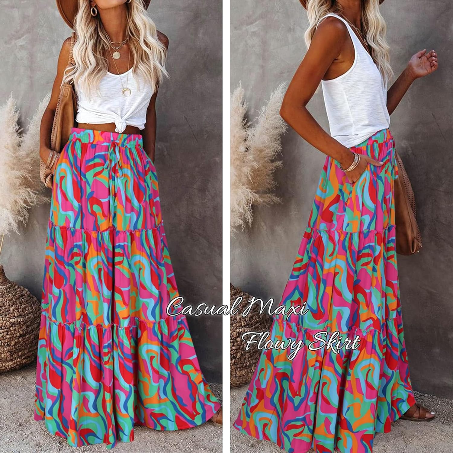 Womens Boho Maxi Skirt 2026 Summer Cruise Casual High Waist Tie Flowy Long Skirt with Pockets for Beach Vacation - mildlymama