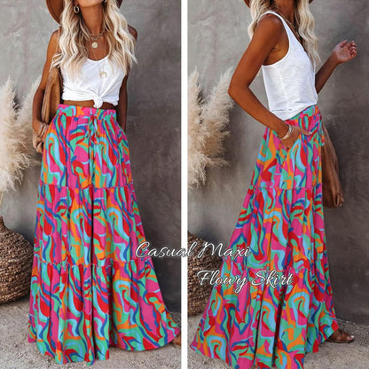 Womens Boho Maxi Skirt 2026 Summer Cruise Casual High Waist Tie Flowy Long Skirt with Pockets for Beach Vacation - mildlymama