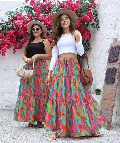 Womens Boho Maxi Skirt 2026 Summer Cruise Casual High Waist Tie Flowy Long Skirt with Pockets for Beach Vacation - mildlymama
