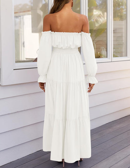 Women'S Boho off Shoulder Wedding Guest Dress 2026 Spring Summer Side Split Flowy a Line Long Maxi Dresses - mildlymama