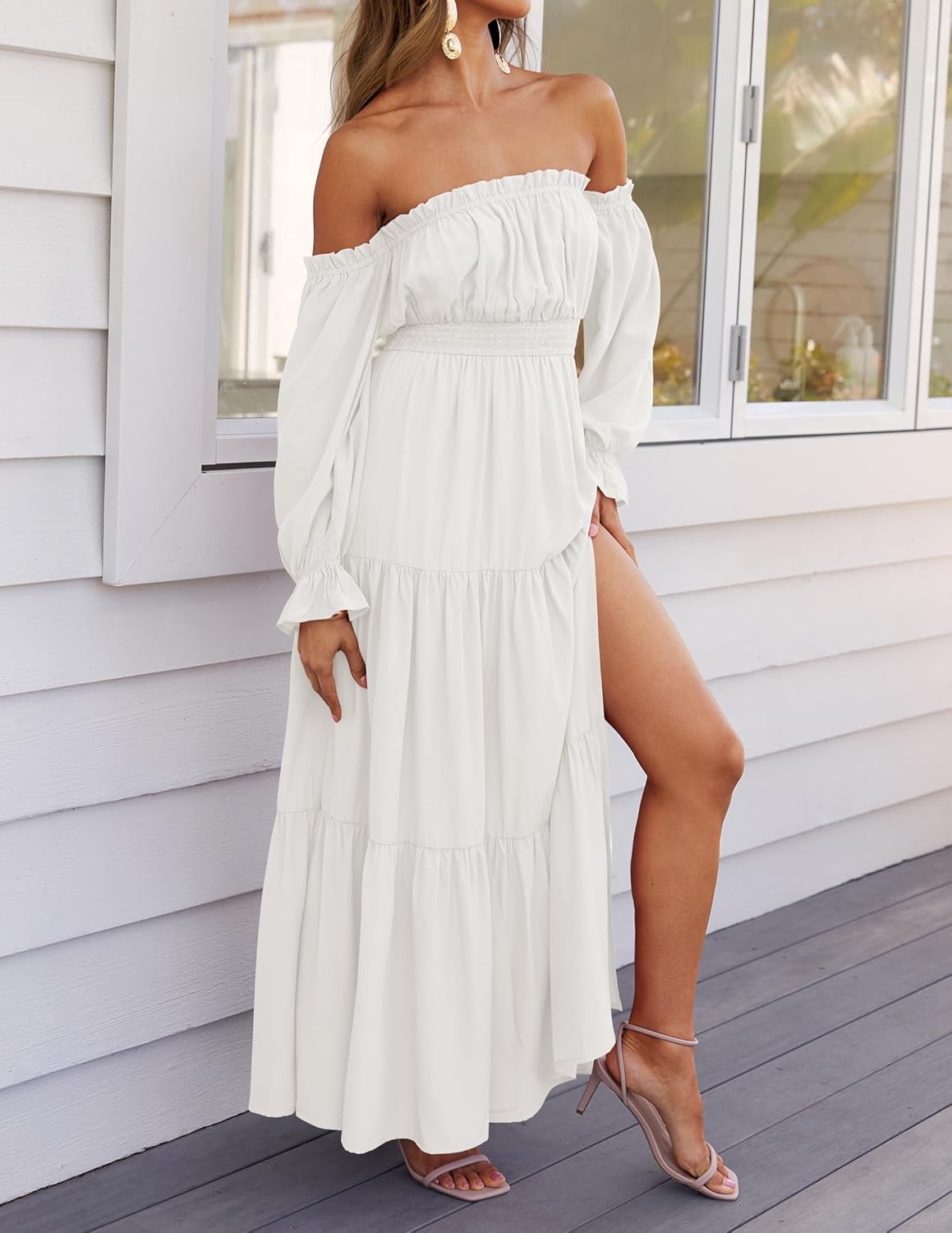 Women'S Boho off Shoulder Wedding Guest Dress 2026 Spring Summer Side Split Flowy a Line Long Maxi Dresses - mildlymama