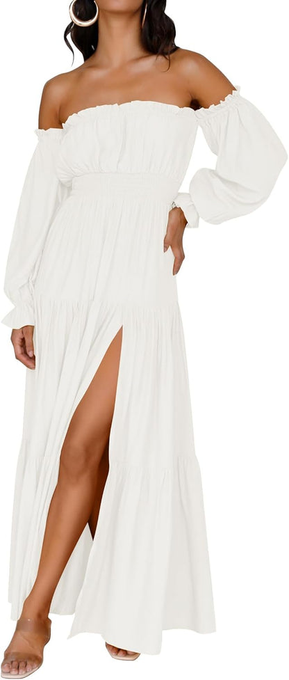 Women'S Boho off Shoulder Wedding Guest Dress 2026 Spring Summer Side Split Flowy a Line Long Maxi Dresses - mildlymama