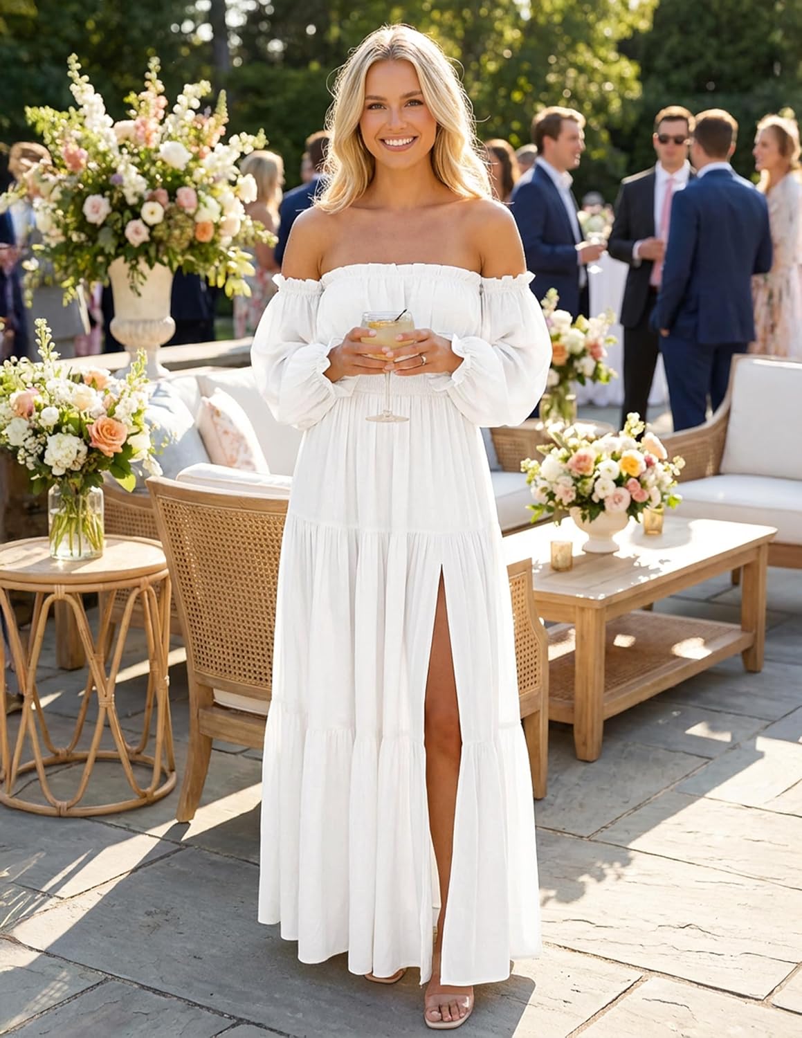 Women'S Boho off Shoulder Wedding Guest Dress 2026 Spring Summer Side Split Flowy a Line Long Maxi Dresses - mildlymama