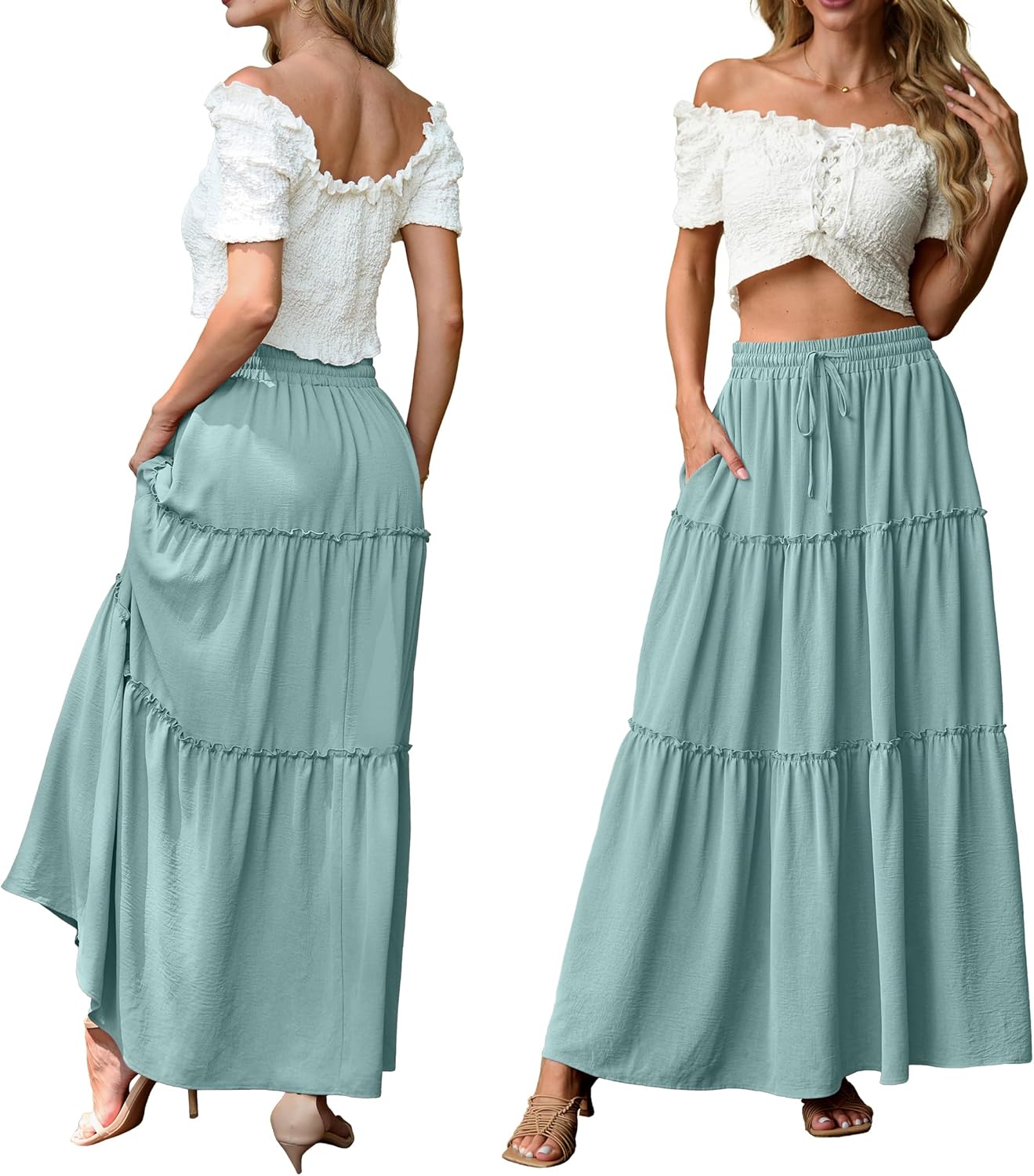Womens Casual Boho High Waisted Flowy Maxi Skirts Tiered Floral Long Skirts with Pockets for Summer Beach Vacation - mildlymama
