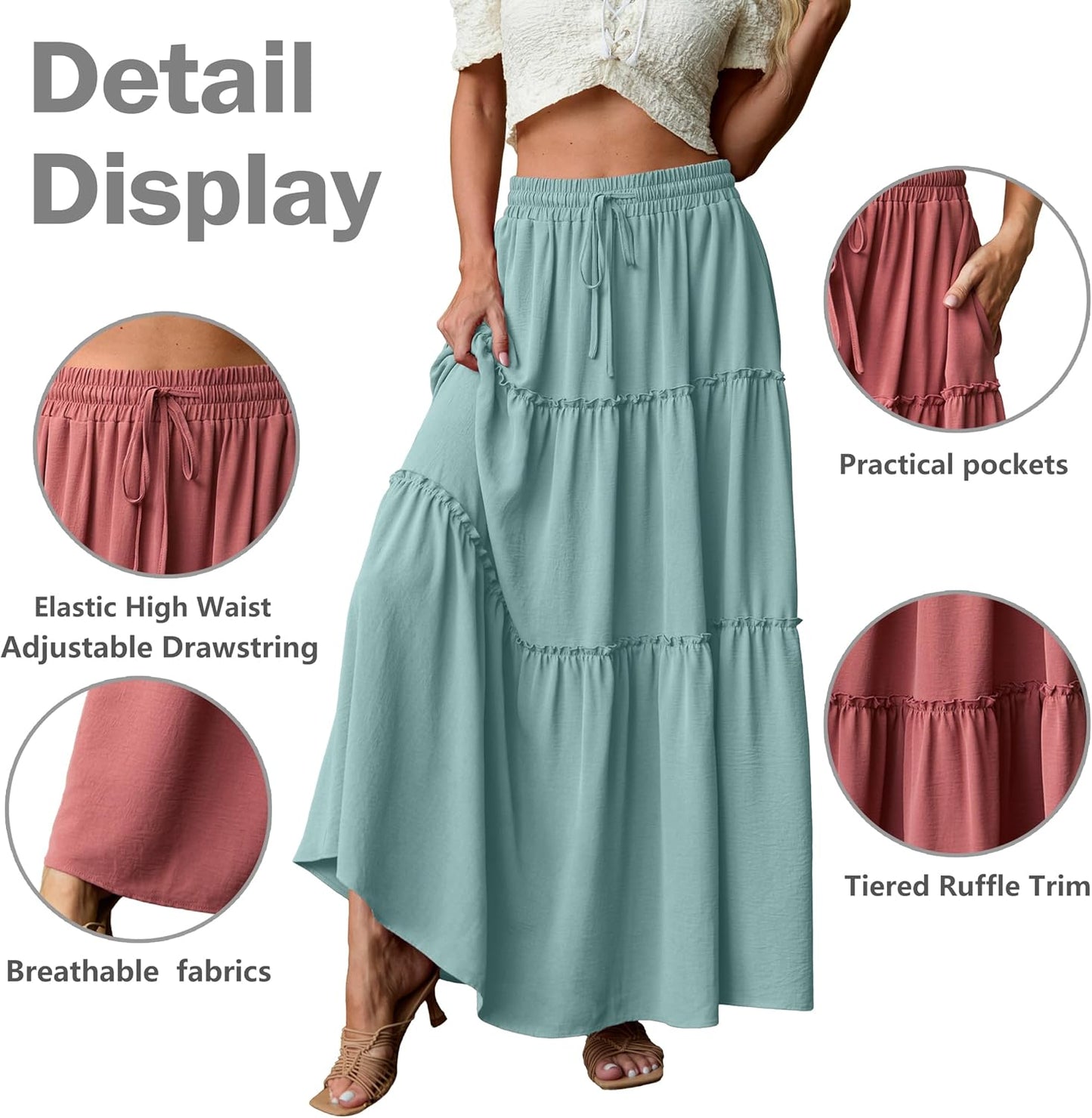 Womens Casual Boho High Waisted Flowy Maxi Skirts Tiered Floral Long Skirts with Pockets for Summer Beach Vacation - mildlymama