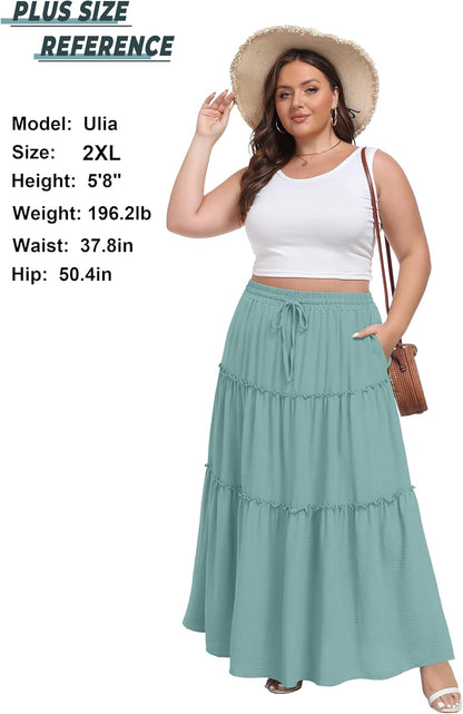 Womens Casual Boho High Waisted Flowy Maxi Skirts Tiered Floral Long Skirts with Pockets for Summer Beach Vacation - mildlymama