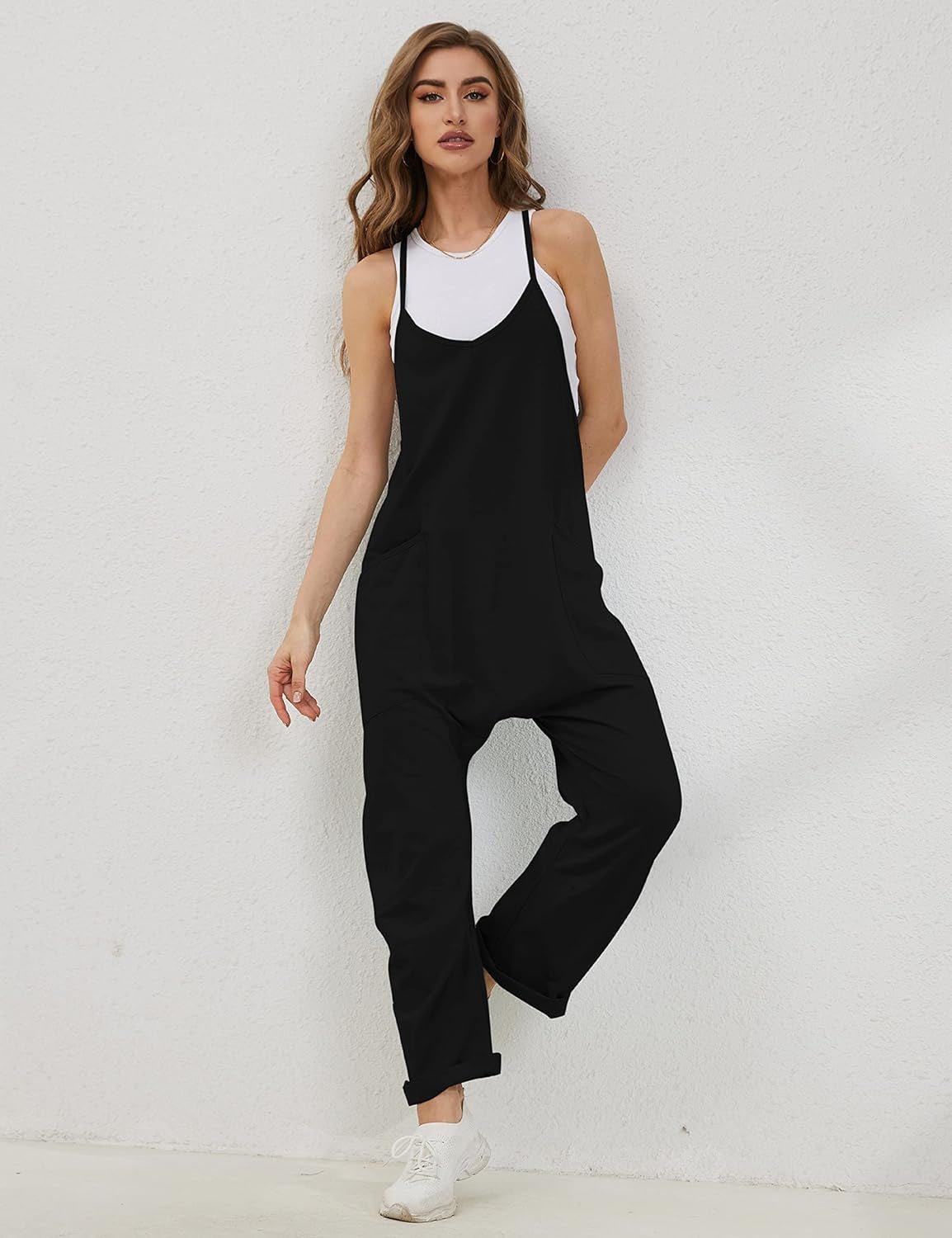 Women'S Causal Jumpsuits V Neck Sleeveless Harem Overalls Stretchy Adjustable Strap Romper with Pockets - mildlymama