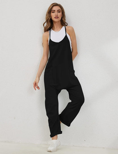 Women'S Causal Jumpsuits V Neck Sleeveless Harem Overalls Stretchy Adjustable Strap Romper with Pockets - mildlymama
