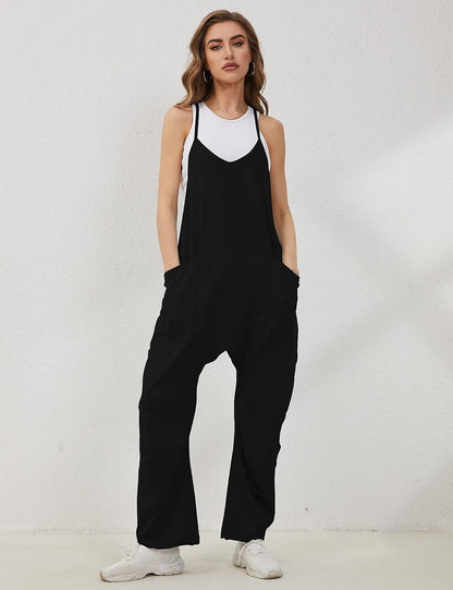 Women'S Causal Jumpsuits V Neck Sleeveless Harem Overalls Stretchy Adjustable Strap Romper with Pockets - mildlymama
