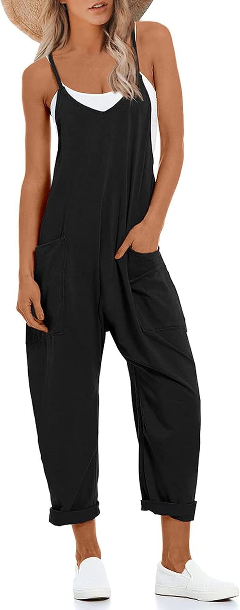 Women'S Causal Jumpsuits V Neck Sleeveless Harem Overalls Stretchy Adjustable Strap Romper with Pockets - mildlymama