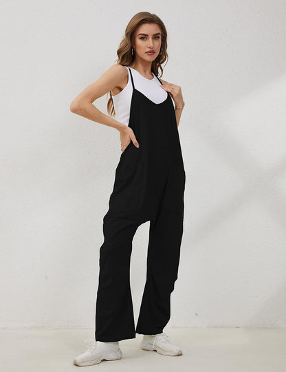 Women'S Causal Jumpsuits V Neck Sleeveless Harem Overalls Stretchy Adjustable Strap Romper with Pockets - mildlymama