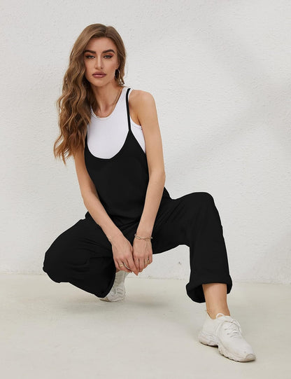 Women'S Causal Jumpsuits V Neck Sleeveless Harem Overalls Stretchy Adjustable Strap Romper with Pockets - mildlymama