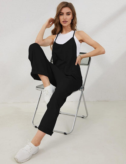 Women'S Causal Jumpsuits V Neck Sleeveless Harem Overalls Stretchy Adjustable Strap Romper with Pockets - mildlymama