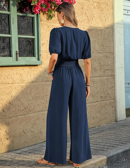 Womens Jumpsuits Short Sleeve V Neck Dressy Casual Wide Leg Pants Romper 2026 Summer One Piece Outfits - mildlymama