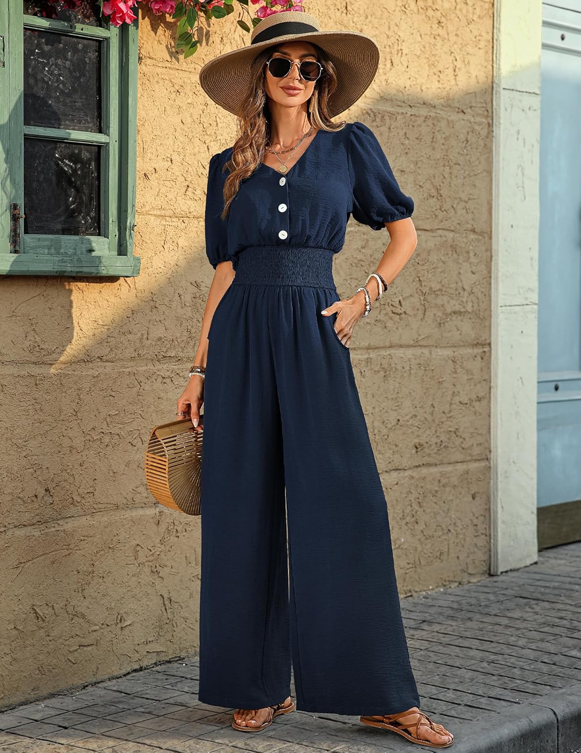 Womens Jumpsuits Short Sleeve V Neck Dressy Casual Wide Leg Pants Romper 2026 Summer One Piece Outfits - mildlymama