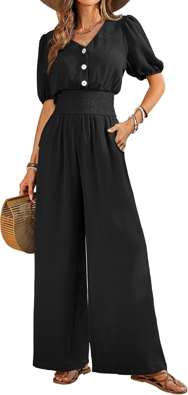 Womens Jumpsuits Short Sleeve V Neck Dressy Casual Wide Leg Pants Romper 2026 Summer One Piece Outfits - mildlymama