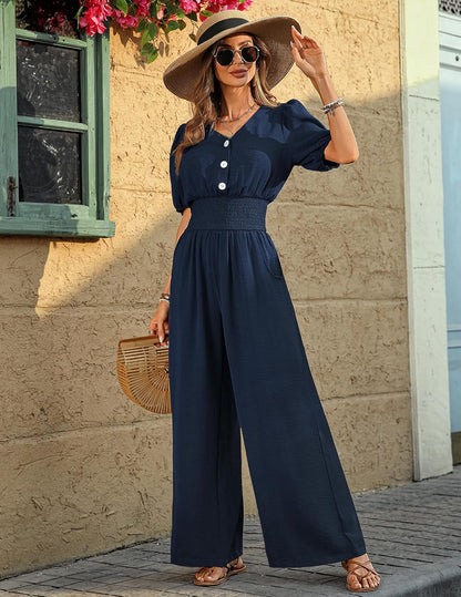 Womens Jumpsuits Short Sleeve V Neck Dressy Casual Wide Leg Pants Romper 2026 Summer One Piece Outfits - mildlymama