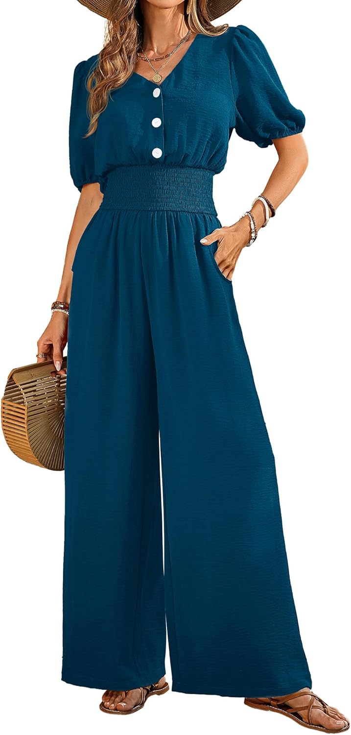 Womens Jumpsuits Short Sleeve V Neck Dressy Casual Wide Leg Pants Romper 2026 Summer One Piece Outfits - mildlymama