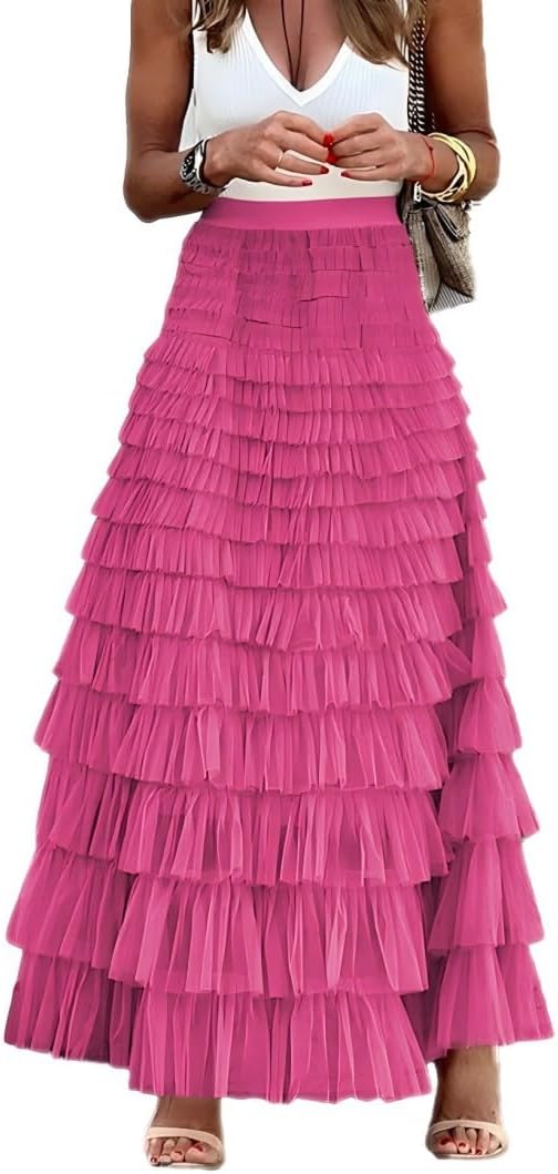 Womens Long Tulle Skirt a Line Ruffle Tiered Layered High Waisted Flowy Fairy Maxi Skirt - mildlymama