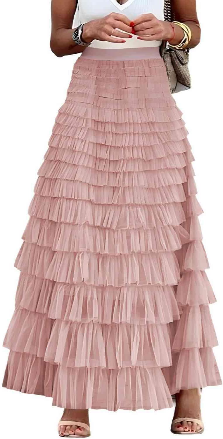 Womens Long Tulle Skirt a Line Ruffle Tiered Layered High Waisted Flowy Fairy Maxi Skirt - mildlymama