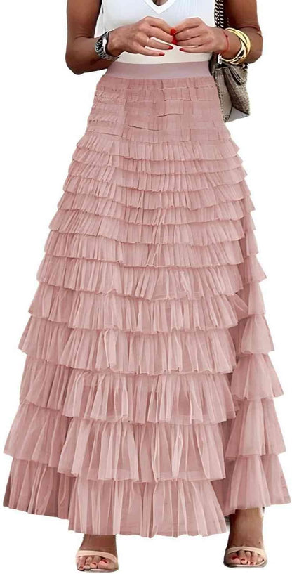 Womens Long Tulle Skirt a Line Ruffle Tiered Layered High Waisted Flowy Fairy Maxi Skirt - mildlymama