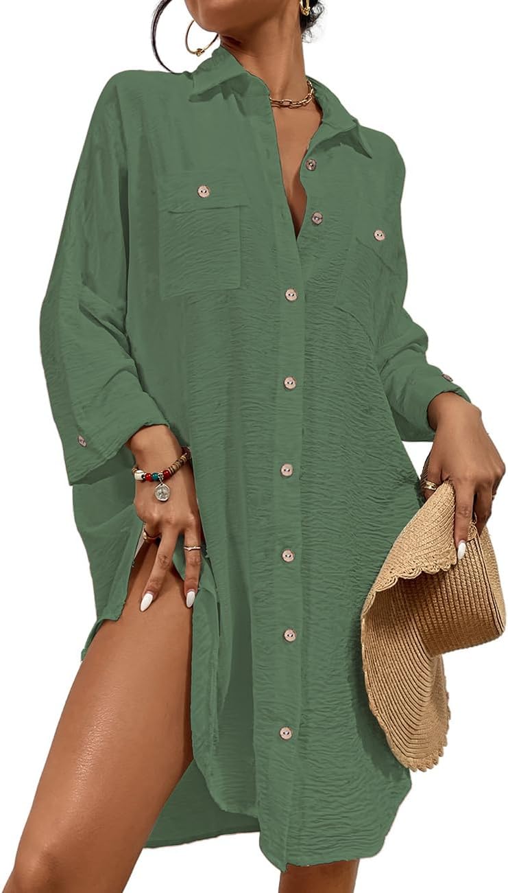 Womens Modern Swimsuit Cover up Blouse Button down Shirt Dresses Tops - mildlymama