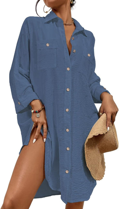 Womens Modern Swimsuit Cover up Blouse Button down Shirt Dresses Tops - mildlymama