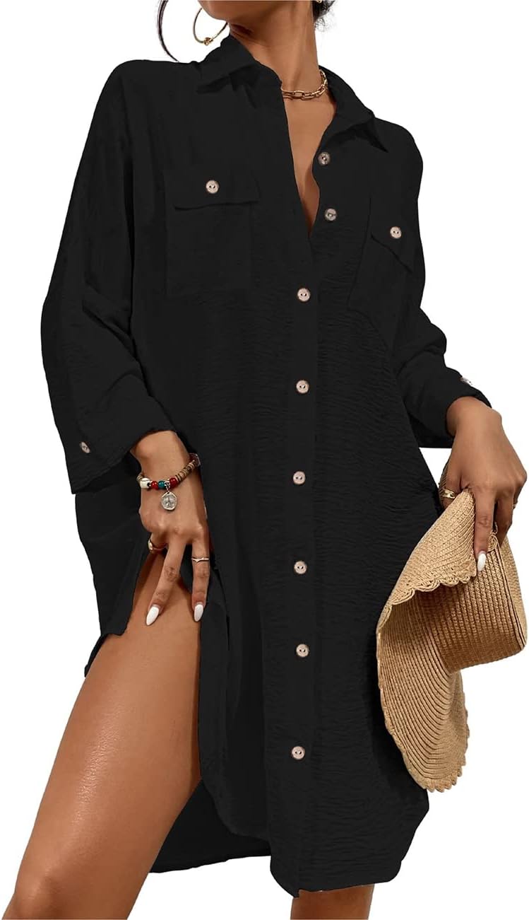 Womens Modern Swimsuit Cover up Blouse Button down Shirt Dresses Tops - mildlymama