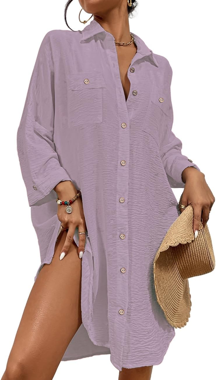 Womens Modern Swimsuit Cover up Blouse Button down Shirt Dresses Tops - mildlymama