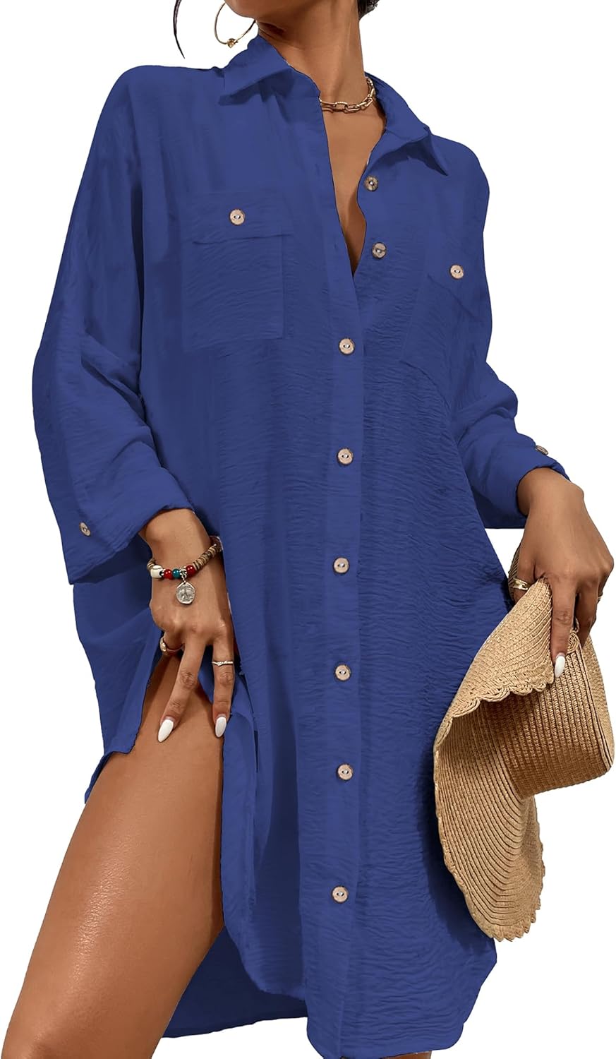 Womens Modern Swimsuit Cover up Blouse Button down Shirt Dresses Tops - mildlymama