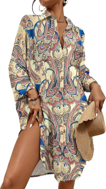 Womens Modern Swimsuit Cover up Blouse Button down Shirt Dresses Tops - mildlymama