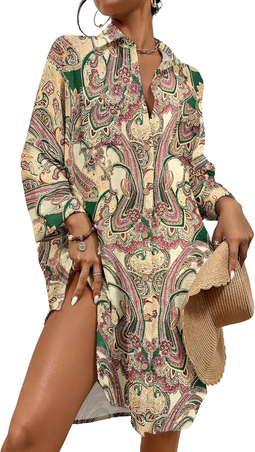 Womens Modern Swimsuit Cover up Blouse Button down Shirt Dresses Tops - mildlymama