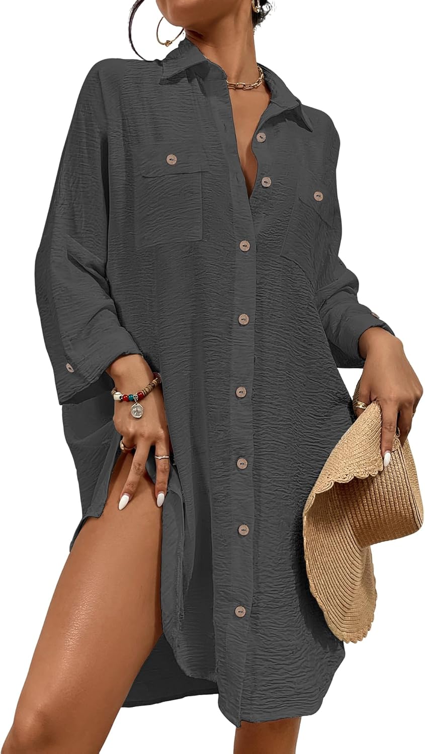 Womens Modern Swimsuit Cover up Blouse Button down Shirt Dresses Tops - mildlymama