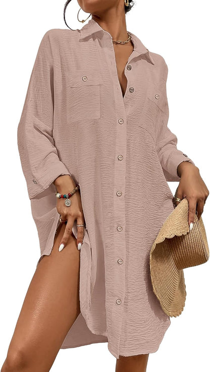Womens Modern Swimsuit Cover up Blouse Button down Shirt Dresses Tops - mildlymama