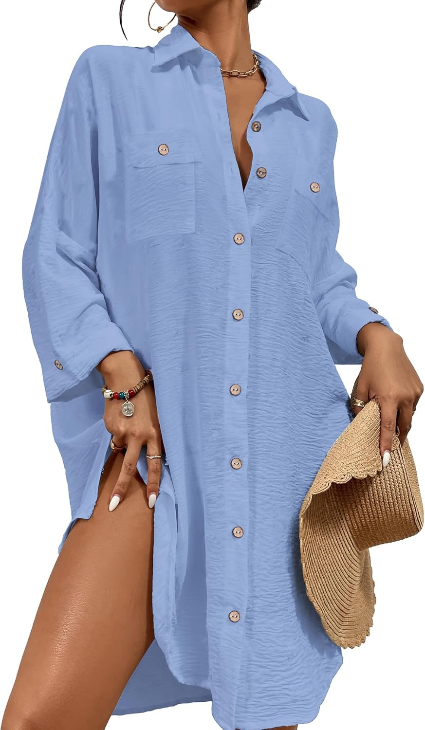 Womens Modern Swimsuit Cover up Blouse Button down Shirt Dresses Tops - mildlymama