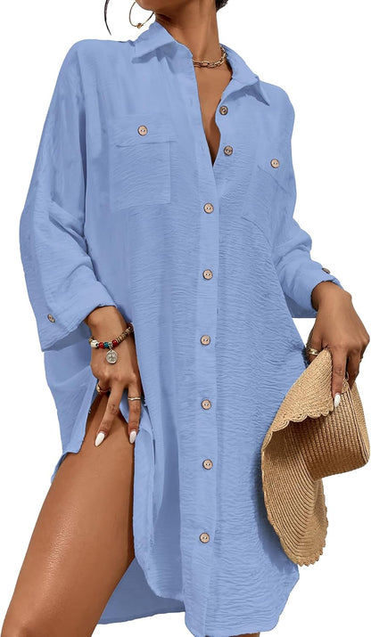 Womens Modern Swimsuit Cover up Blouse Button down Shirt Dresses Tops - mildlymama