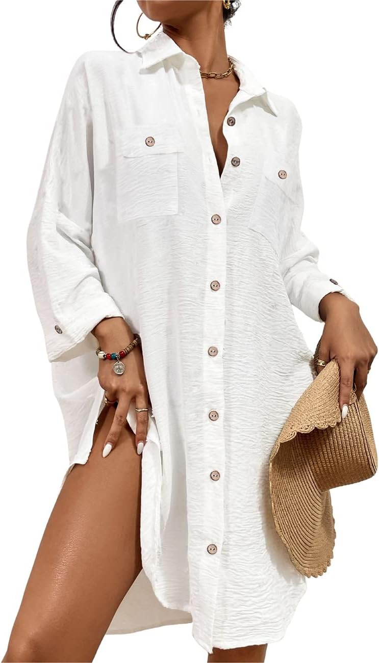 Womens Modern Swimsuit Cover up Blouse Button down Shirt Dresses Tops - mildlymama