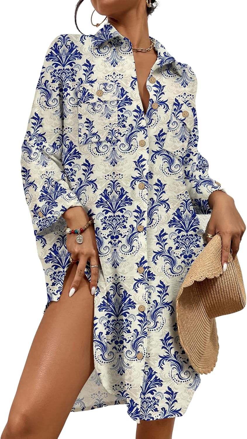 Womens Modern Swimsuit Cover up Blouse Button down Shirt Dresses Tops - mildlymama