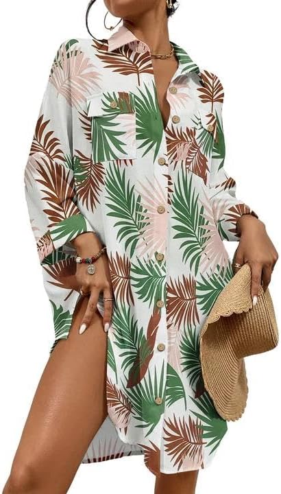 Womens Modern Swimsuit Cover up Blouse Button down Shirt Dresses Tops - mildlymama