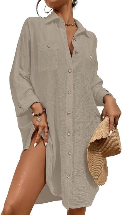Womens Modern Swimsuit Cover up Blouse Button down Shirt Dresses Tops - mildlymama