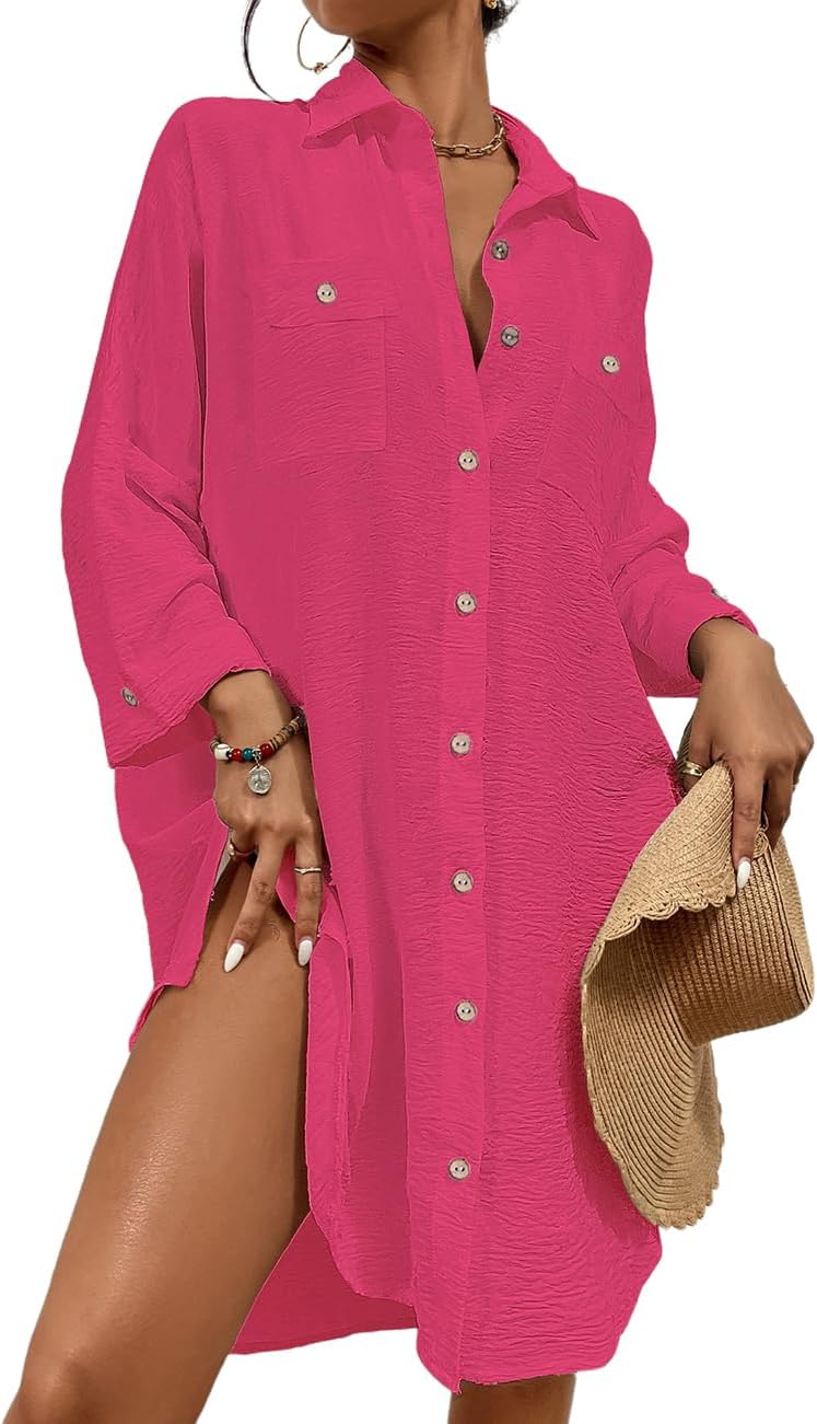 Womens Modern Swimsuit Cover up Blouse Button down Shirt Dresses Tops - mildlymama