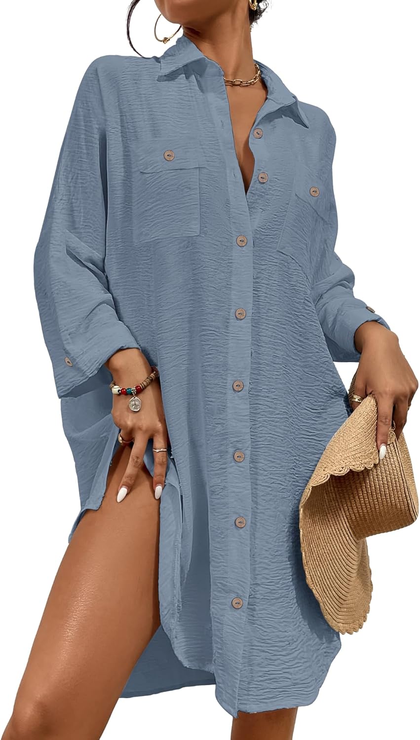Womens Modern Swimsuit Cover up Blouse Button down Shirt Dresses Tops - mildlymama