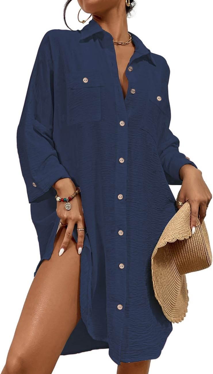 Womens Modern Swimsuit Cover up Blouse Button down Shirt Dresses Tops - mildlymama