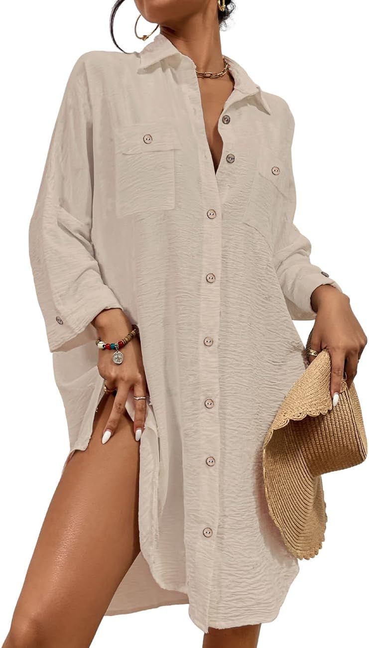 Womens Modern Swimsuit Cover up Blouse Button down Shirt Dresses Tops - mildlymama
